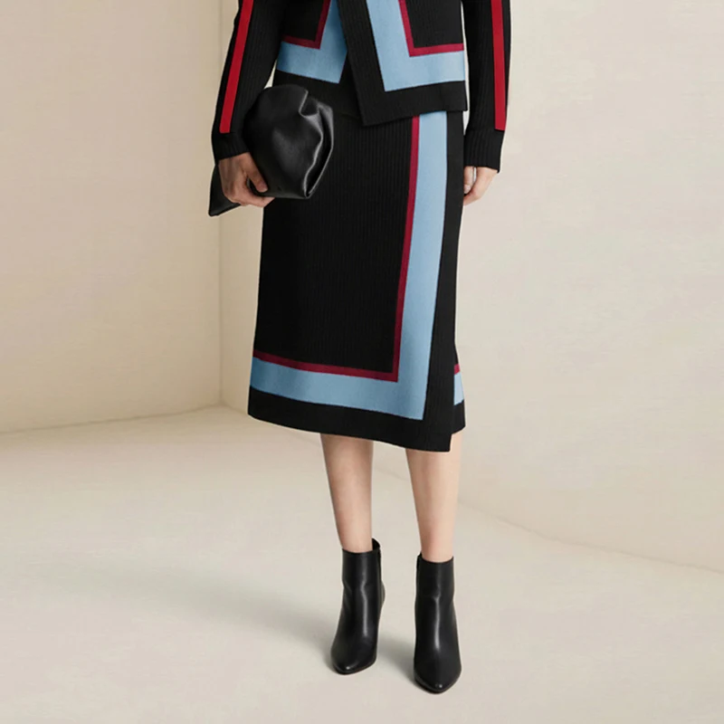 Modigirl Women's Knitted Contrast Color Stripe Midi Skirt 2026 Spring Asymmetric Artistic Retro Hem Office Casual Woman Bottom