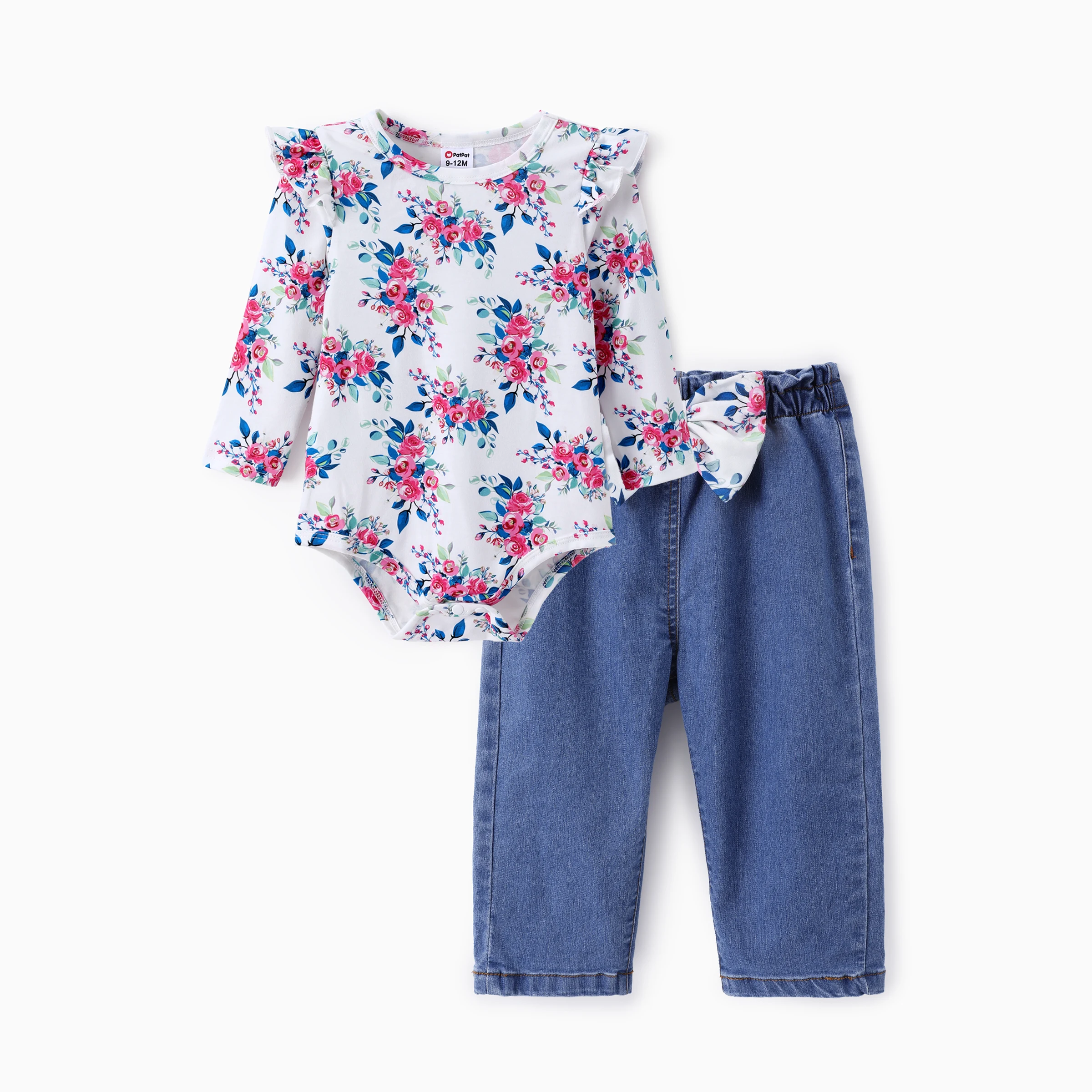 

PatPat Baby Girl 2pcs Floral Romper and Denim Jeans Set