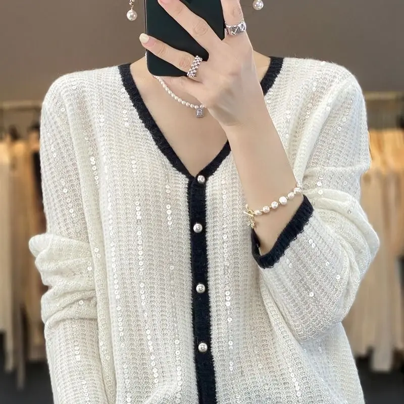 2023 Spring Autumn New Solid Color Fashion V-neck Sweater Women Fashion High Street Long Sleeve Cardigan Chic Sequined Tops