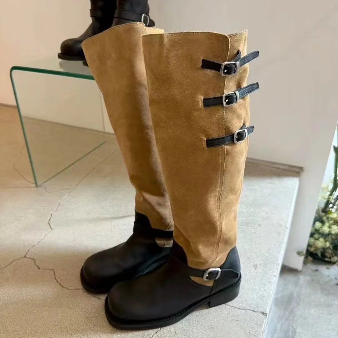 Botas Largas de cuero genuino negro para mujer, botas de cuero de tubo alto con hebilla de cinturón, pantalones doblados, suela de goma versátil, botas hasta la rodilla