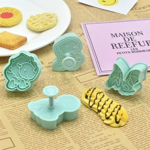 4Pcs Dinosaur Biscuit Embosser Stamp Mold Cartoon Animal Pattern Cookie Cutter Dessert Baking Mold Fondant Cake Decorating Tools