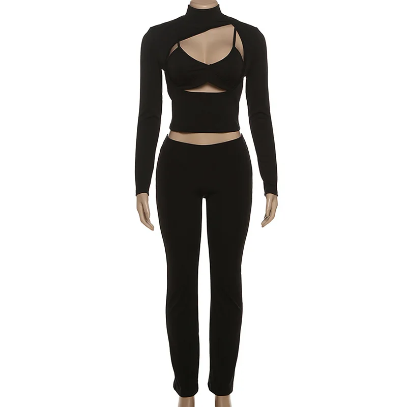 

Two Piece Set Women Outfit 2026 New Solid Color Fashion Hollow Out Spicy Girl High Collar Long Sleeve Top & Casual Pants Set