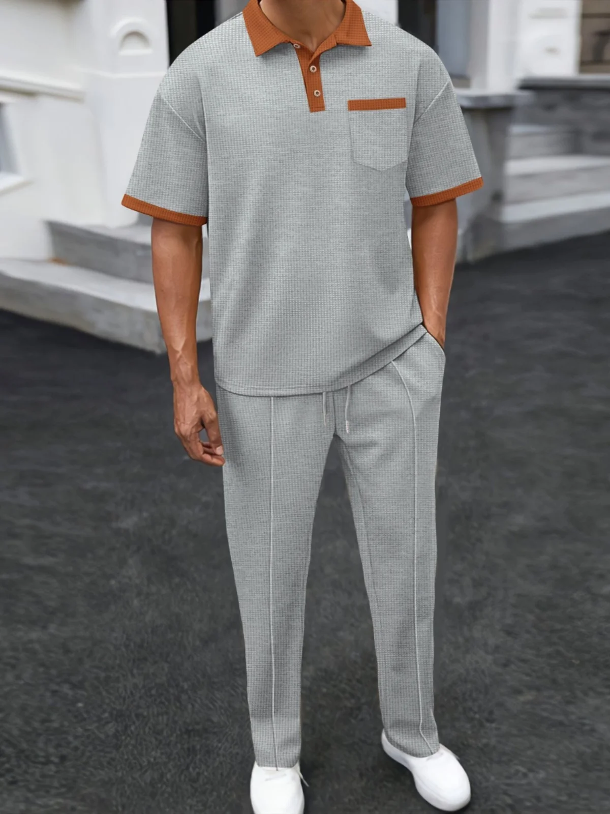 Summer Casual Sportswear Set Short Sleeve T-Shirt And Long Pants Polyester Fiber plus Size Men's Waffle Patterned Suit