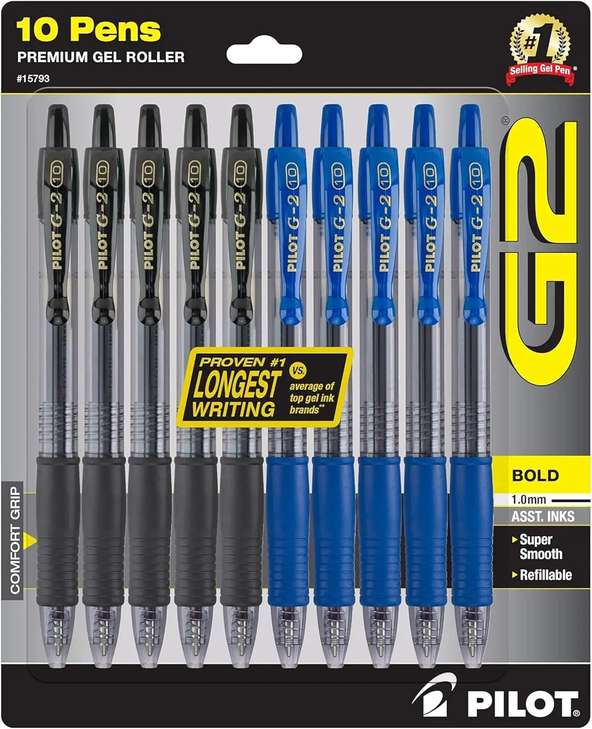 

10 Bold Point Gel Pens - Smooth Writing, Refillable & Retractable, 5 Black & 5 Blue, 1.0 mm