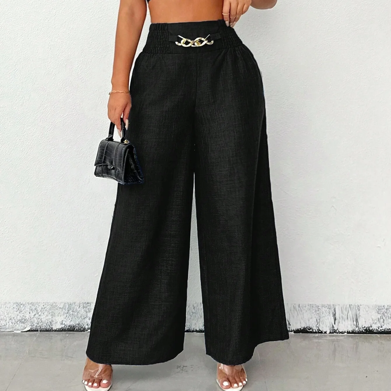 Women Loose Pants Casual Elastic Straight Wide Leg Trousers with Pockets for Work Office Streetwear