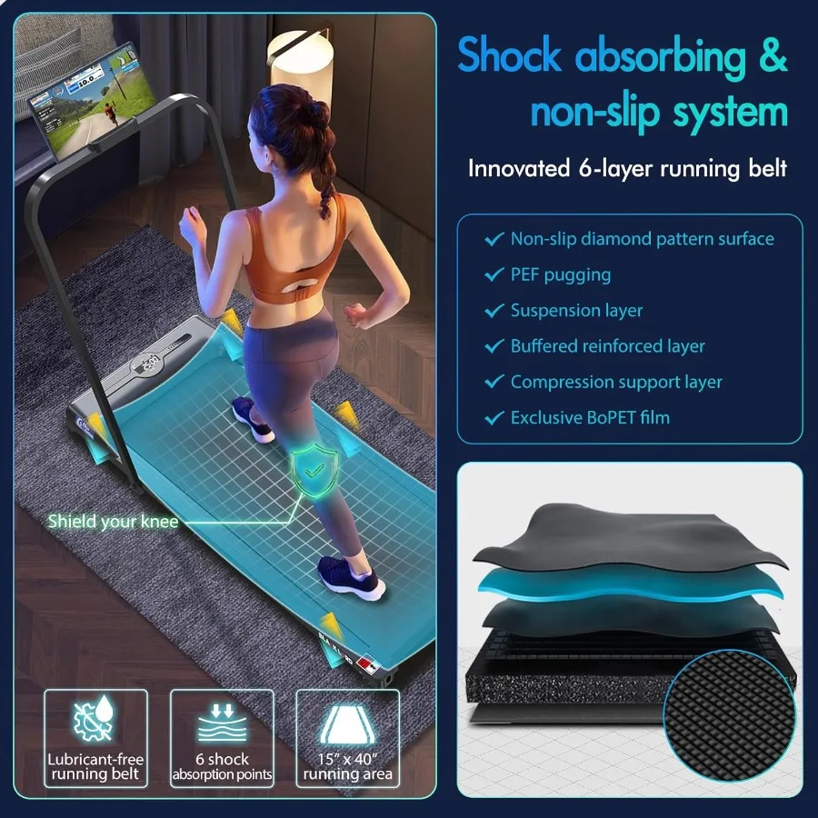 وسادة مشي 4 في 1 مع شريط مقود، جهاز مشي هادئ قابل للطي تحت المكتب بسعة 2.7 حصان مع مكبر صوت بلوتوث، مداس جري صغير محمول