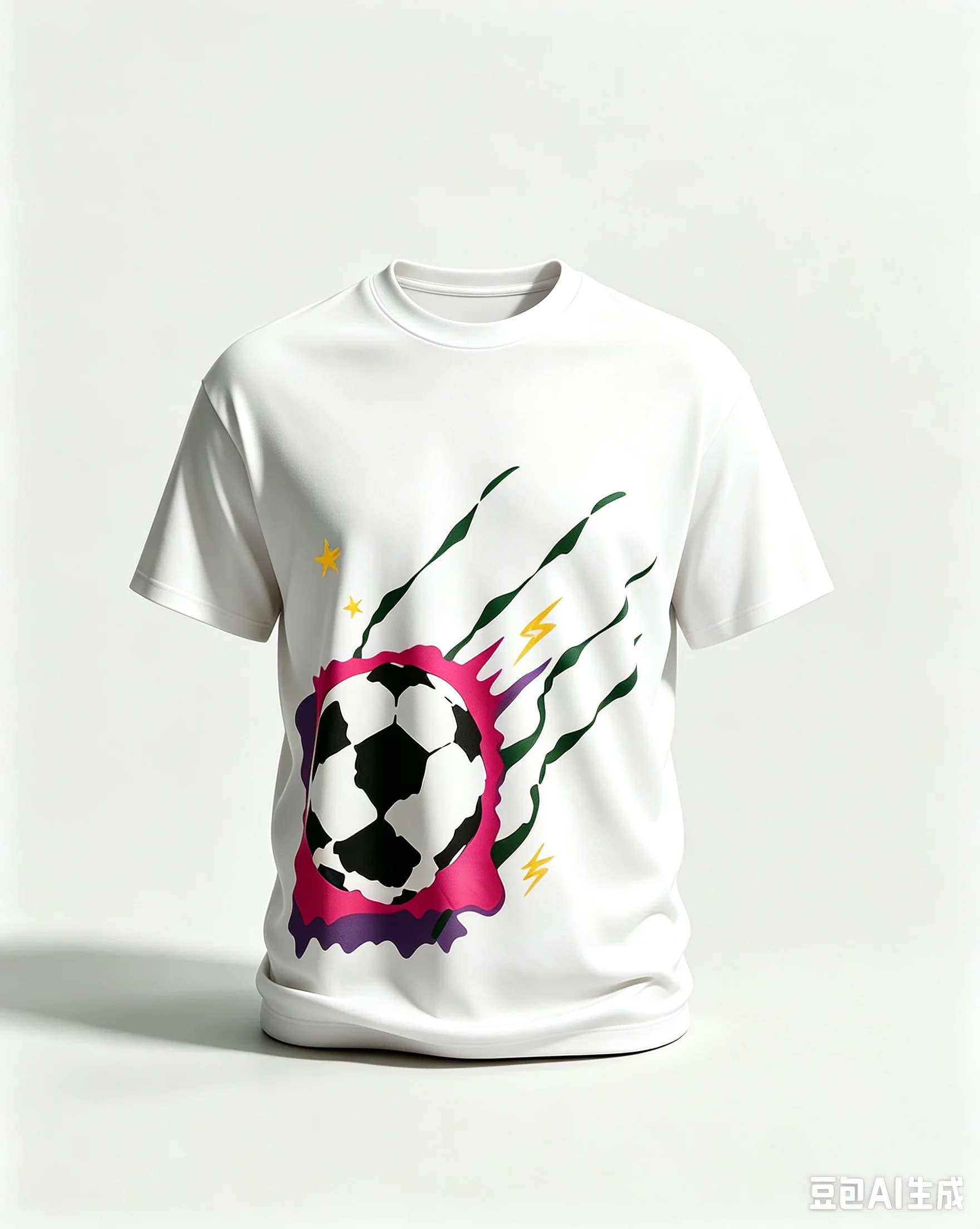 Colorful Burst Soccer Graphic Tee, Green Scratch Lines Yellow Doodle Print Unisex Casual Streetwear Cotton Short Sleeve Shirt