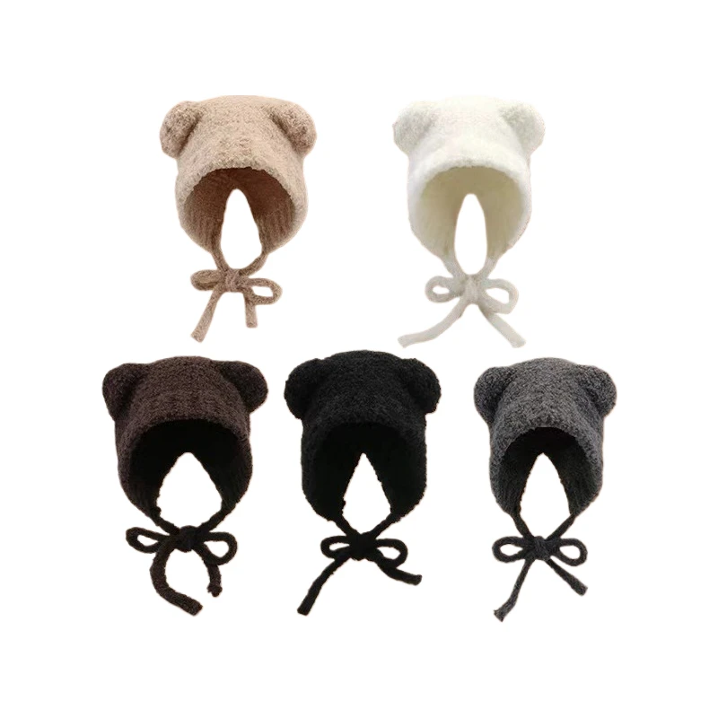 1 PC Women's Plush Knit Winter Hat–Cute Bear Ear Design,Thickened Fleece Beanie for Cold Weather,Soft & Warm Ear-Flap Skull Cap