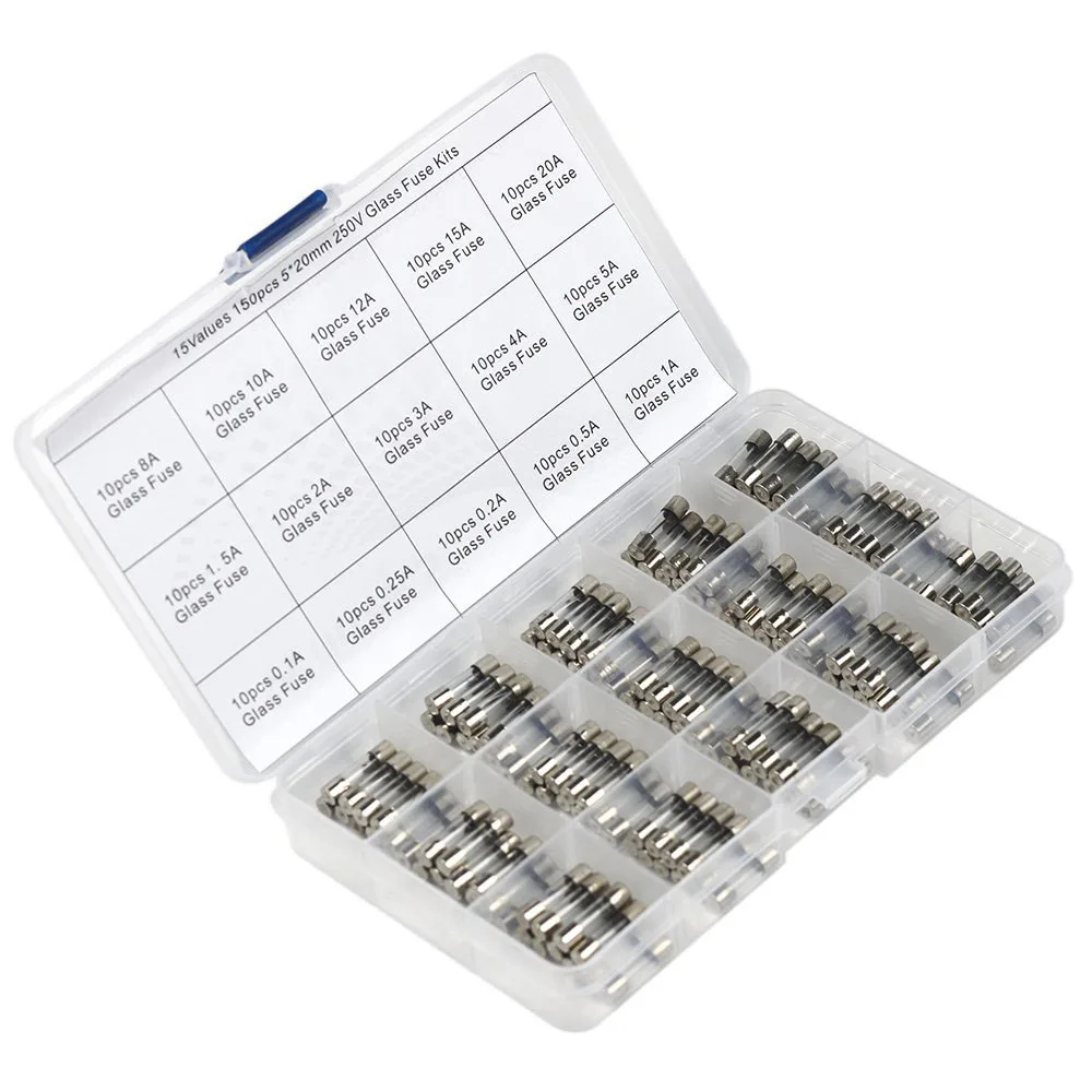 150pcs of Fast Blown Glass Fuse Combination Kit 5x20mm 250V 0.1 0.25 0.5 1 1.5 2 3 4 5 8 10 12 15 20A Tube Fuse With Plastic