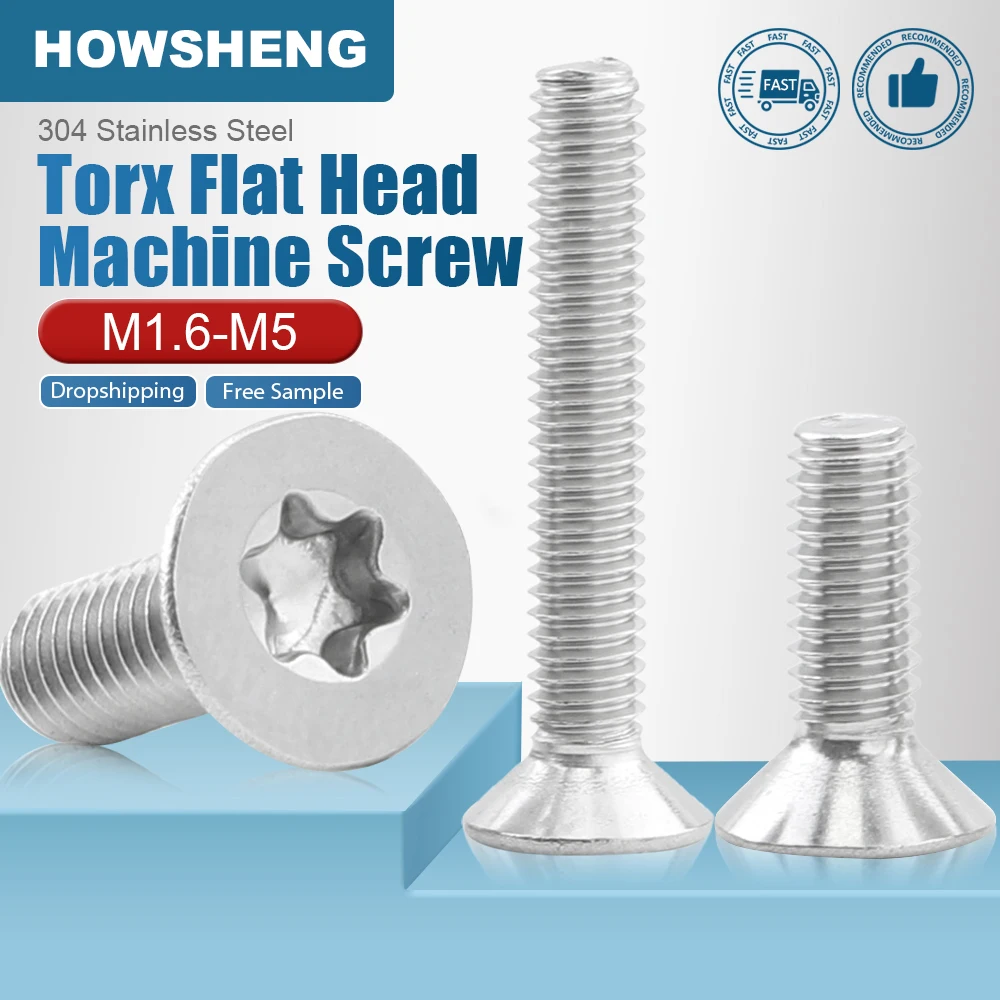 HOWSHENG 20/40/50/100/200pcs Torx Flat Head Screw M1.6 M2 M3 M4 M5 Stainless Steel Six-Lobe Machine Screws GB2673