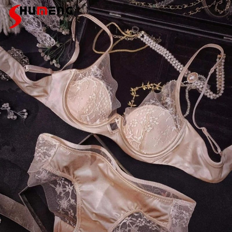 French Lace Bra Set for Women Satin Chest Push Up Anti-Sagging Brief Suits Female Large Chest Sexy Underwear Intimates