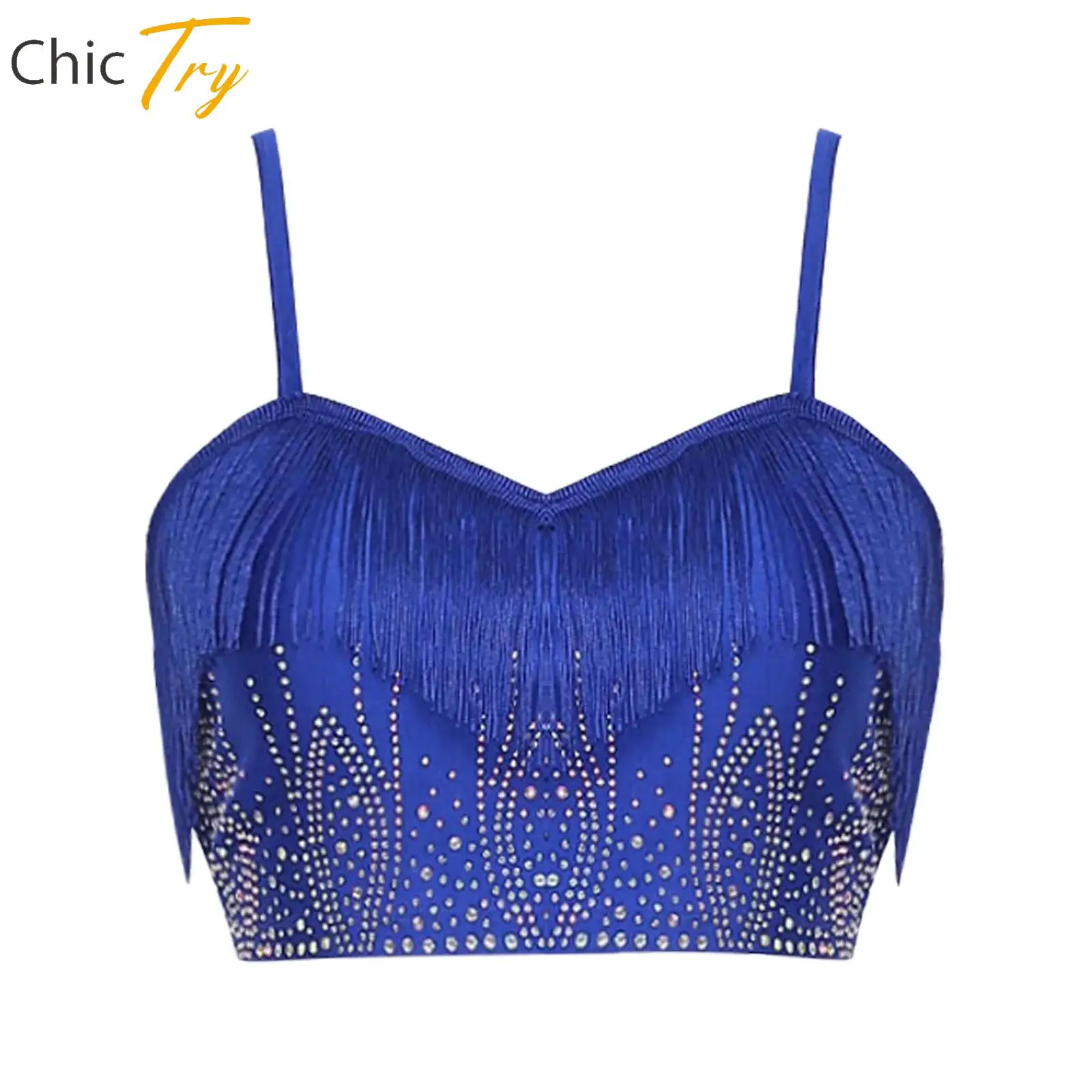 

Womens Tassel Rhinestone Lyrical Contemporary Dance Tops Camisole Crop Tops Belly Dance Modern Dance Performance Fashion Costume