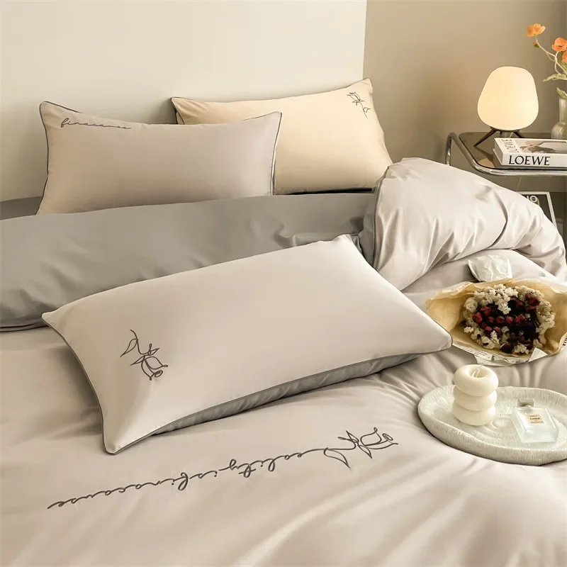 Light luxury high sense 60 long-staple cotton embroidered cotton four-piece set pure cotton 100 sheets quilt cover