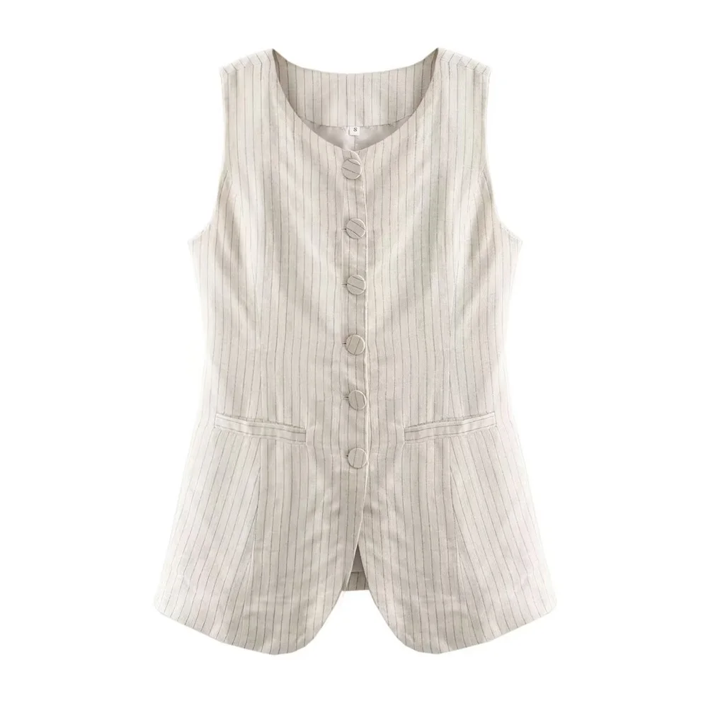 Taop&Za 2024 Summer New Product Women\'s Fashion and Casual Versatile Sleeveless Cotton Stripe Long Vest