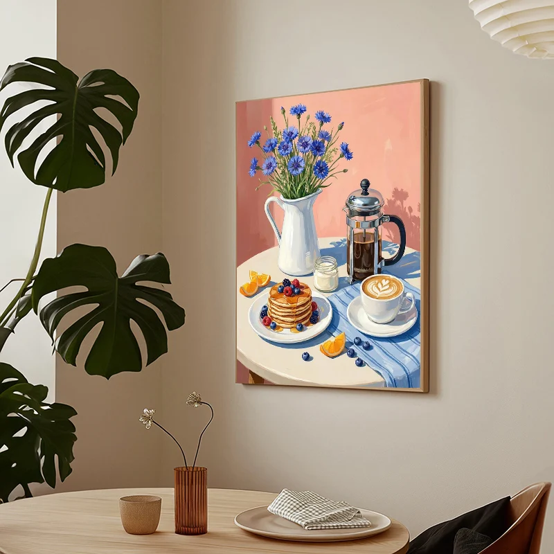 1pc frameless,Modern Cozy Kitchen Still Life Floral Coffee Canvas Wall Art Frameless Pastry Wine and Seafood Duck Poster for Liv