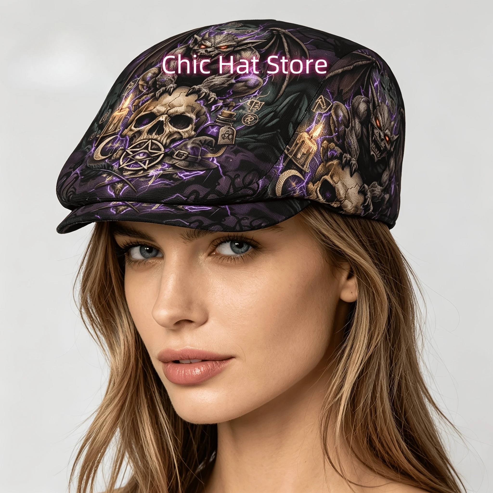 1pc Gargoyle Demon Occult Skull Art All-over Print Flat-top Hats for Men and Women, Newsboy Caps, Berets, Irish Hats, Driver Cap