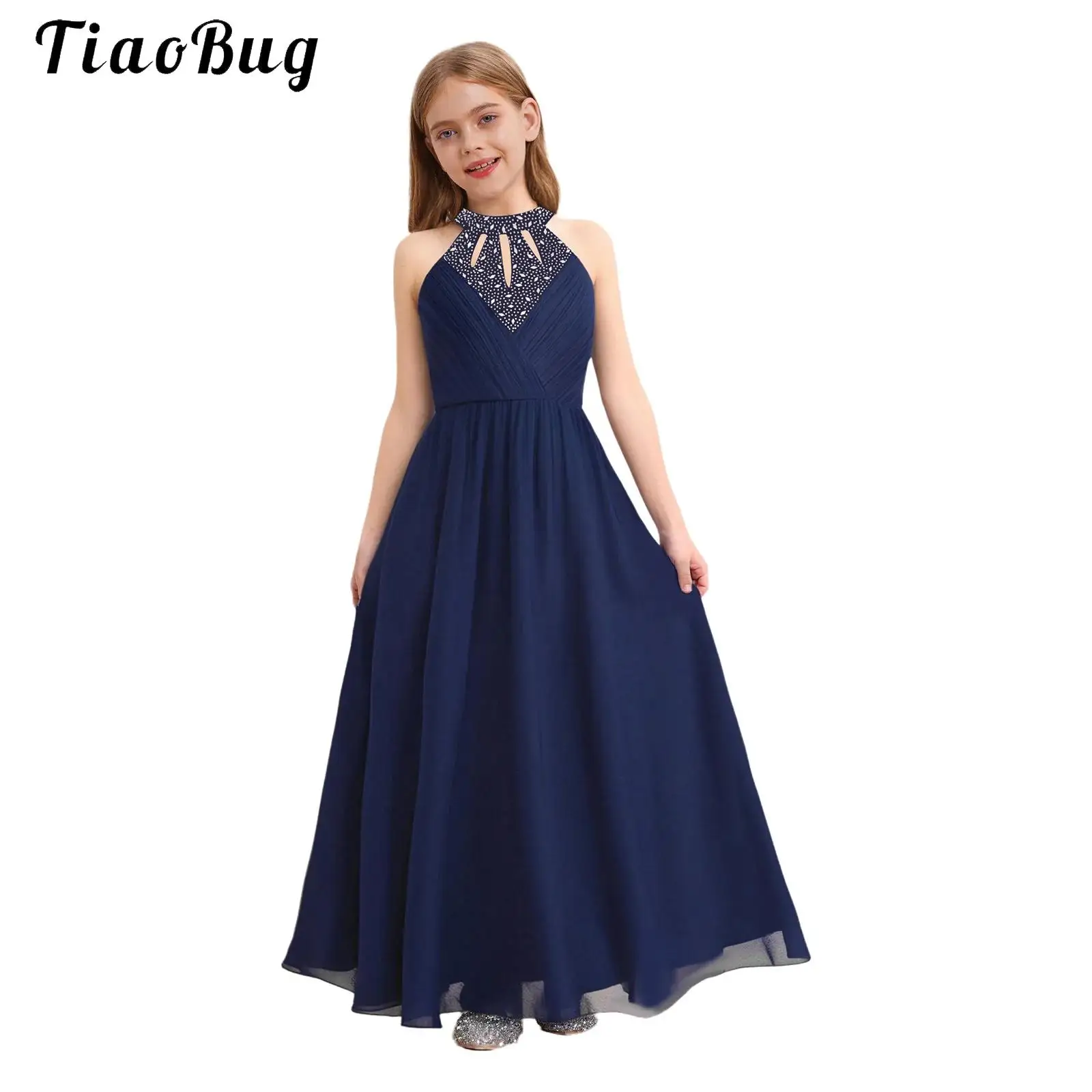 Elegant Girls Wedding Bridesmaid Dress Halter Sleeveless Ruched Chiffon Maxi Party Dresses Rhinestone Birthday Evening Prom Gown