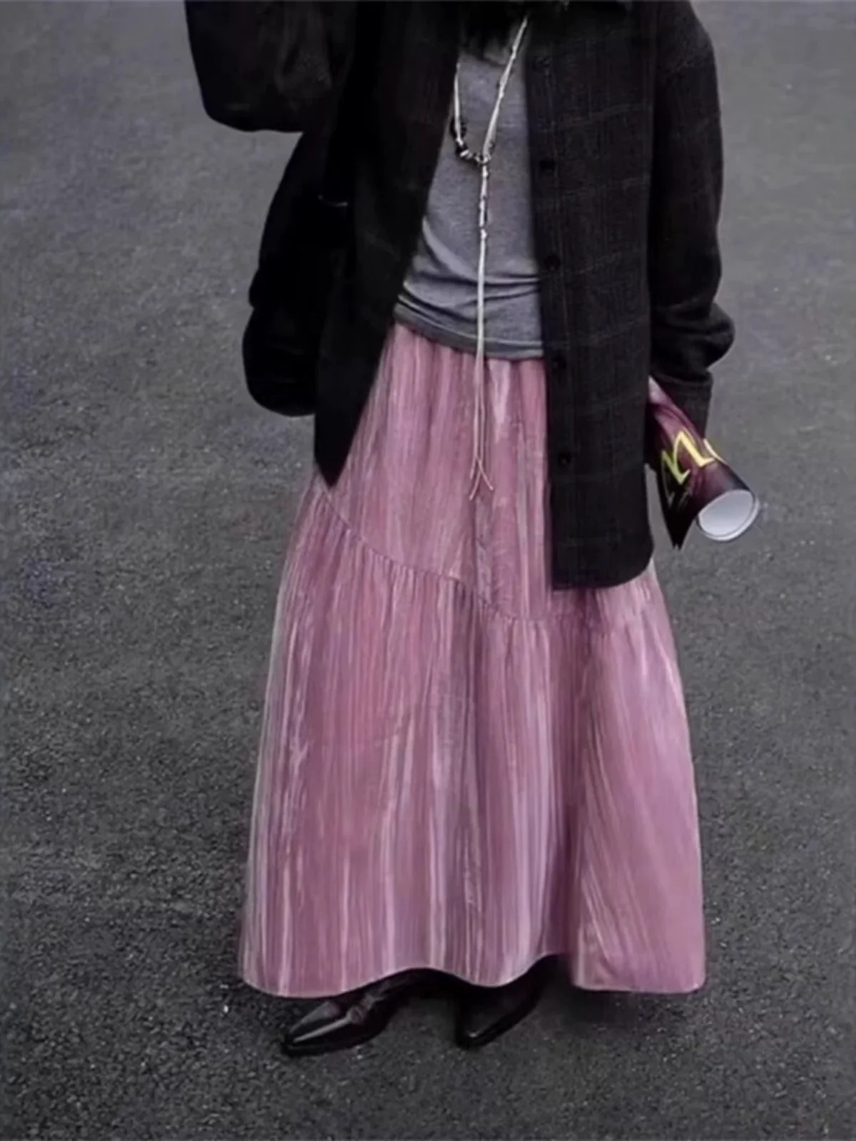 

Unique Creative High Waist Velvet f Skirt Women's Pink Long Skirt Autumn Winter New Sle A-Line Midi Skirt Pure Color