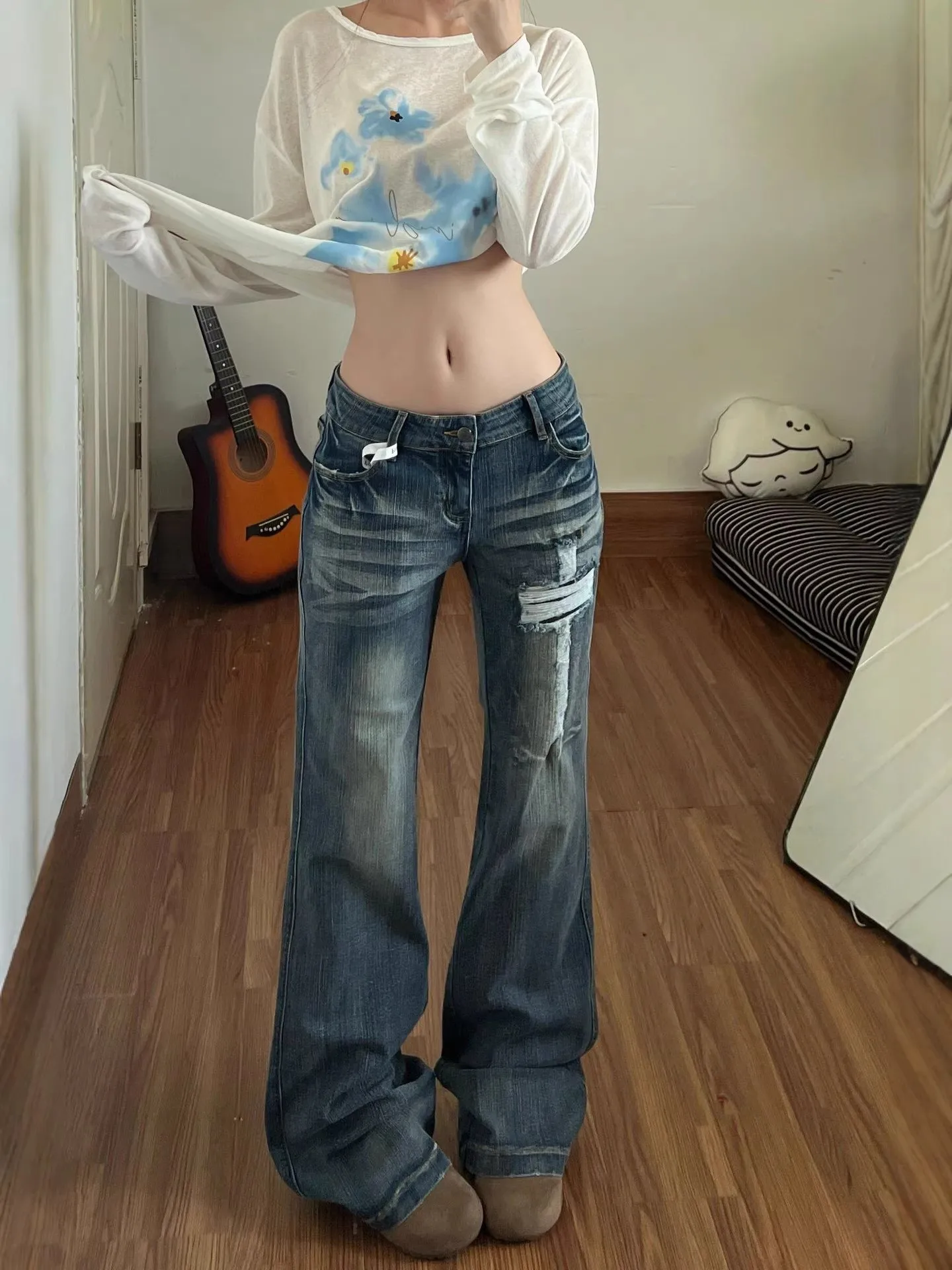 

Джинсы женские больших размеров в винтажном стиле с перфорацией, уличный стиль, американский стиль, для стройных девушек, прямые, расклешенные