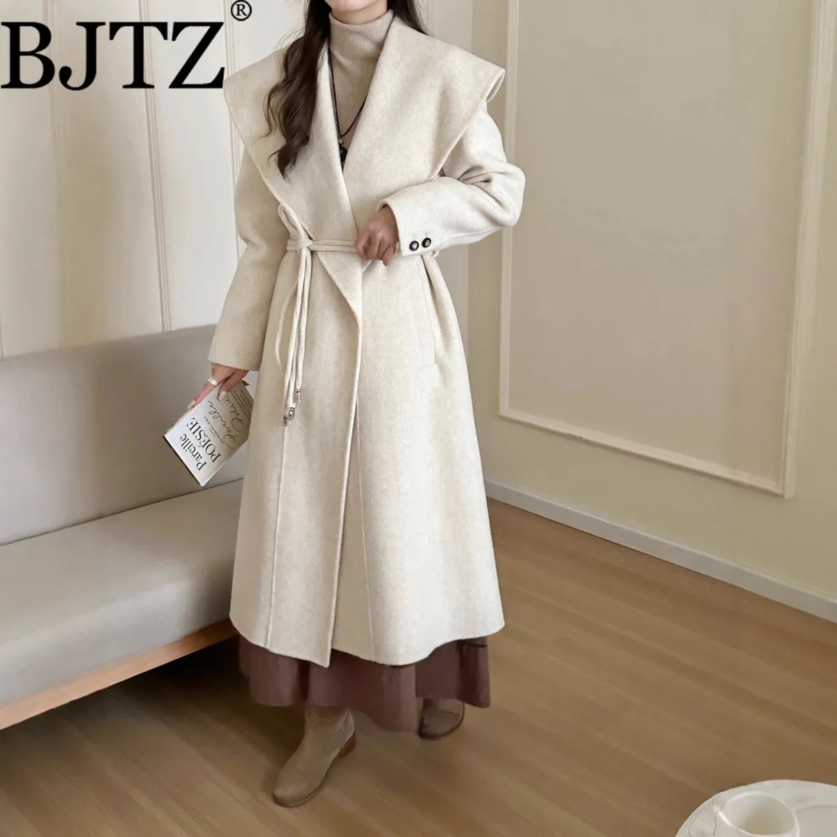 

BJTZ 2025 Winter New Double-Sided Hand-Sewn Wool Coat For Women, Long Elegant Woolen Coat With Belt And Large Lapel
