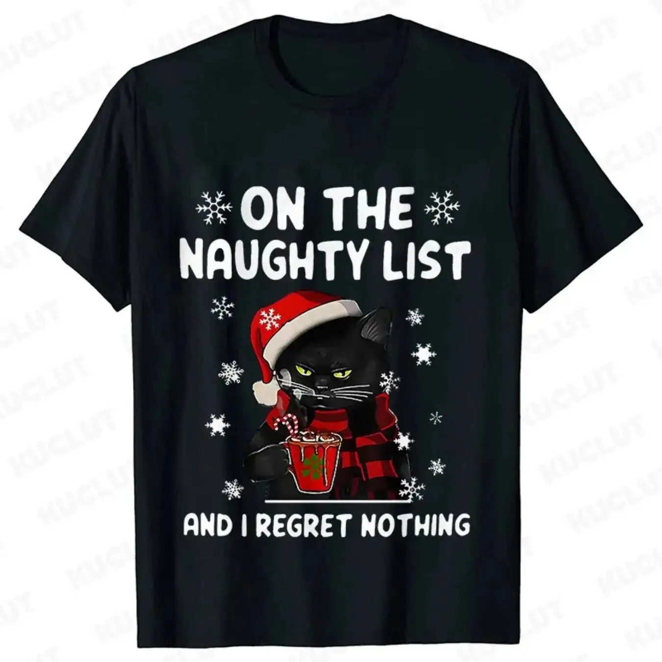 

Funny Men T-Shirt On The Naughty List, And I Regret Nothing Tops Black Cat Xmas Tshirts Merry Christmas Casual Clothing