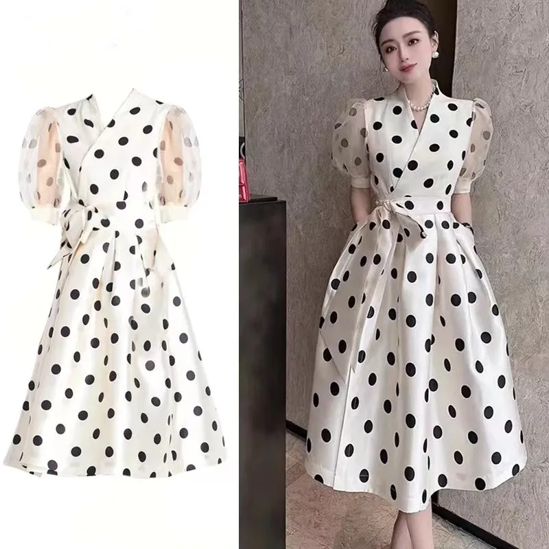 Vintage Summer Polka Dot Prom Party Midi Dress French High Quality Women V Neck Mesh Puff Sleeve Lace Up Bowknot Ball Gown Dress