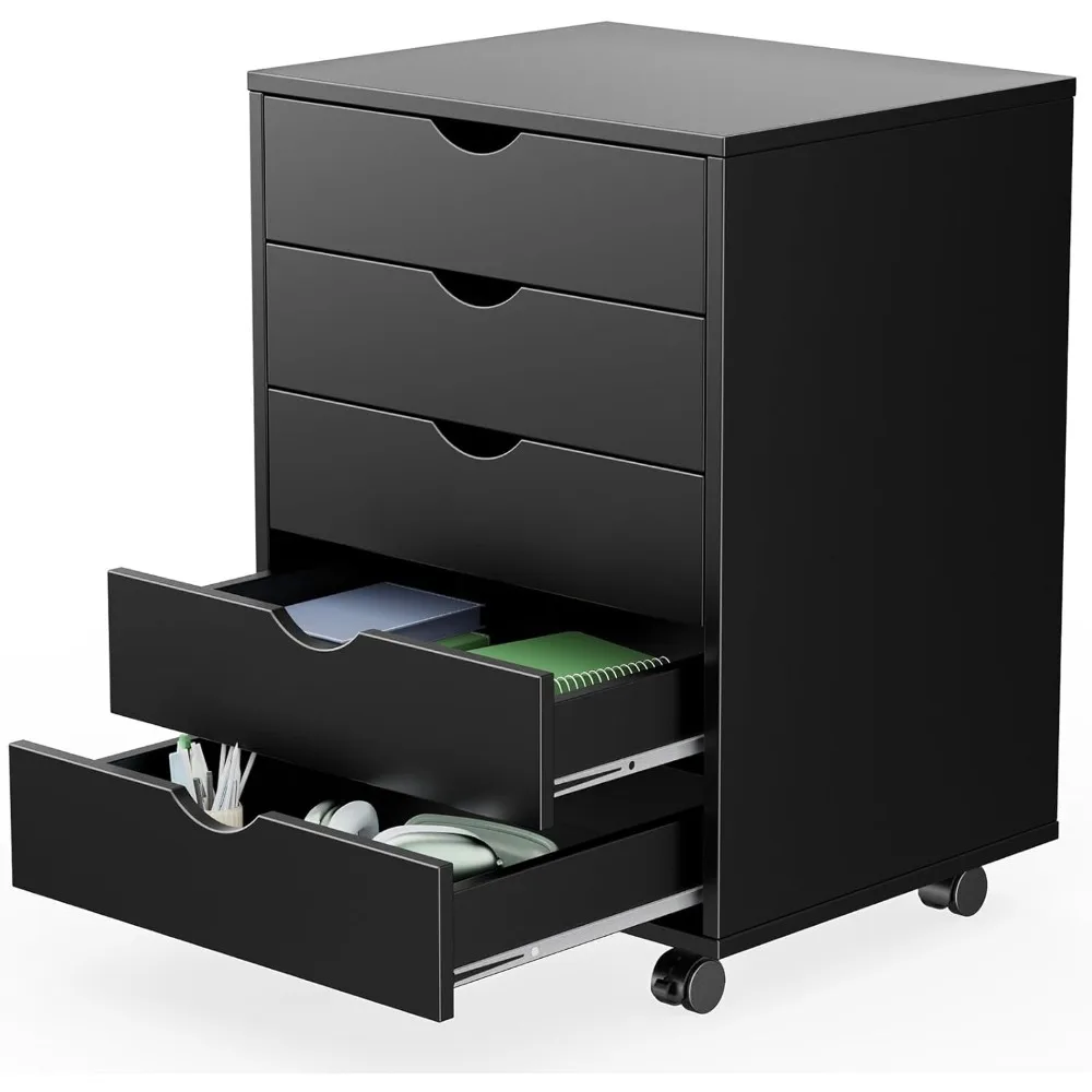 

5 Drawer Chest Mobile Storage Cabinets Small Wooden Dresser with Wheels Room Organization Furniture for Office Home, Black Wood