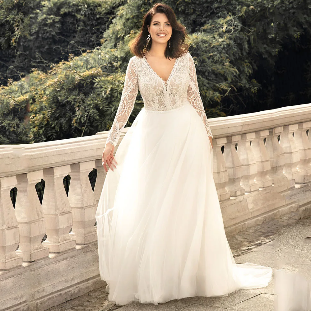 

Classic Plus Size Wedding Dresses For Women V-Neck Long Sleeves Zipper Bride Gowns Lace Applique A-Line Vestido De Novia 2023