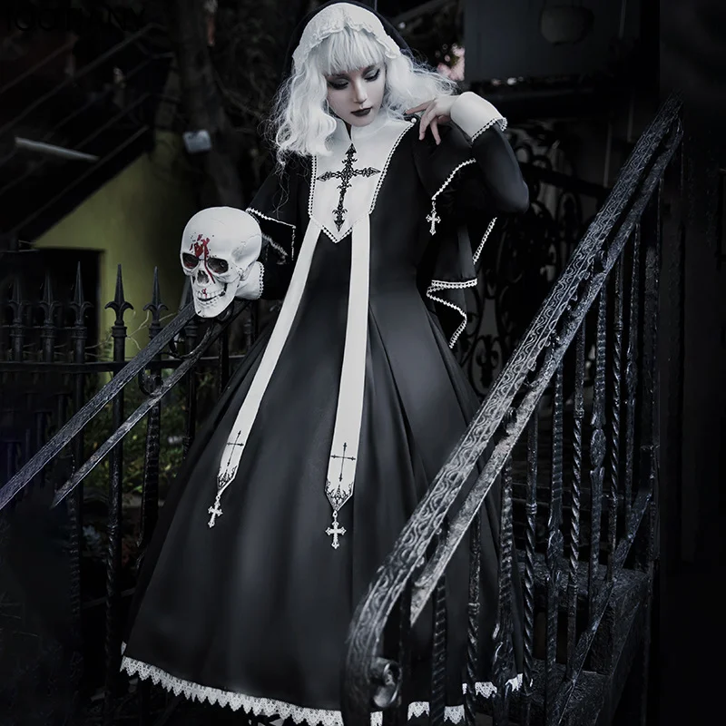 

Halloween Women Sexy Nun Cosplay Dress Gothic Church Nun Cross Embroidery Fake Two-piece Lolita Dresses Carnival Party Dress Up