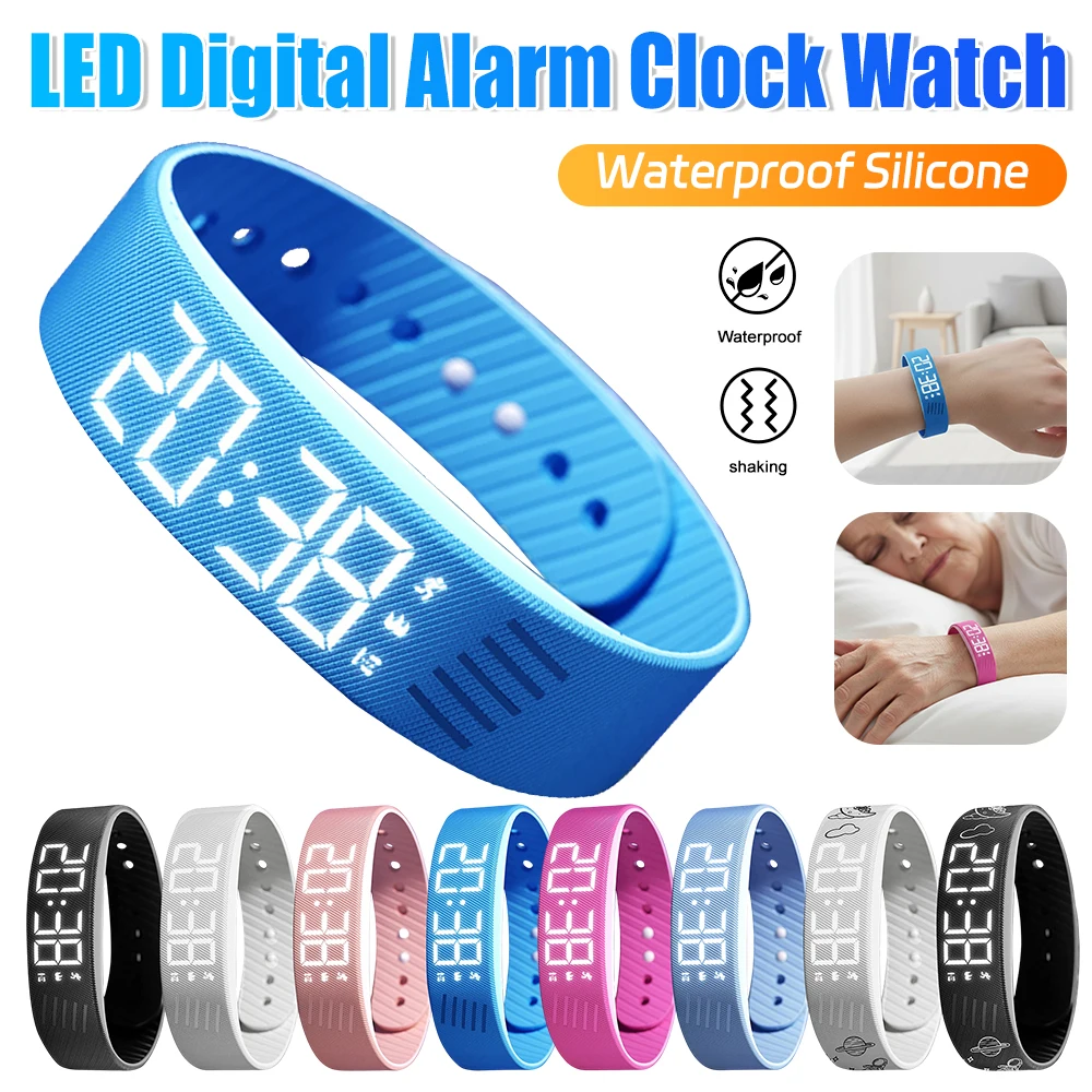 LED Digital Alarm Clock Watch Adjustable Silicone Vibration Alarm Bracelet Waterproof Smart Wristband With Running Pedometer