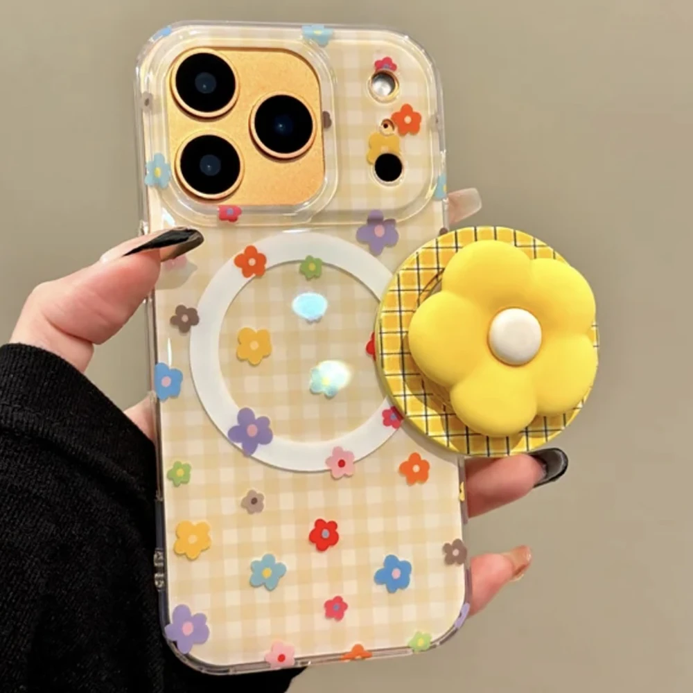 

3D Cute Flower Grid Pattern Magnetic Grip Tok Phone Case for IPhone 17 16 15 14 13 Pro Max Wireless Charge Magsafe Holder Cover