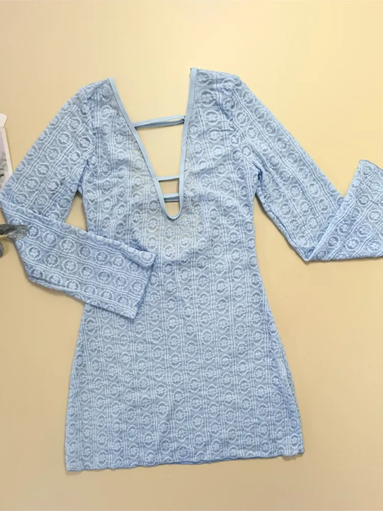 

Sexy Women Knit Beach Dress Hollow Out Long Sleeve Bikini Cover-Ups Holiday Mini Dresses 2026 Summer Swimwear Beach Cover Ups