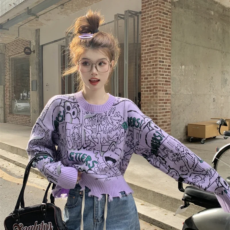 

Fashion Women Sweater Autumn and Winter New Korean Graffiti Short Sweater Loose Versatile Knitted Pullover Tops Female