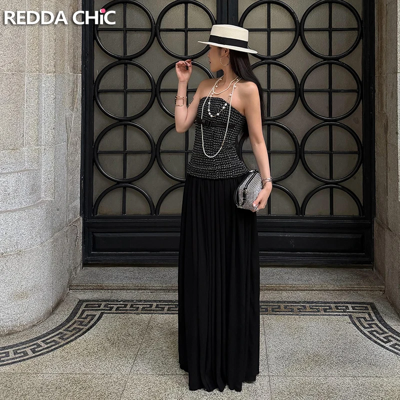 REDDACHiC Czarna Sukienka Balowa z Kokardą, Damska, Brokatowa, Tweedowa, Szyfonowa, Bandeau, Plisowana, Maxi, Długa Sukienka Elegancka Wieczorowa Formalna