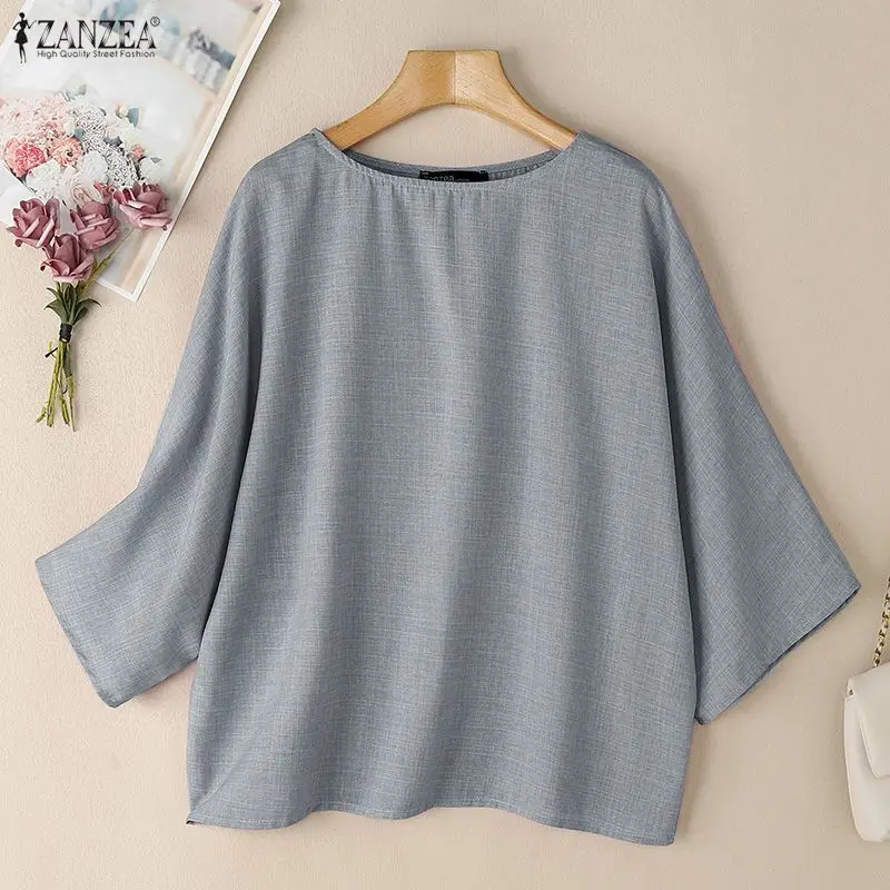 ZANZEA Minimalist Woman 3/4 Sleeve Blouses Round Neck Solid Color Loose Tunic Tops Autumn Casual Daily Wear Blusas Mujer S-3XL