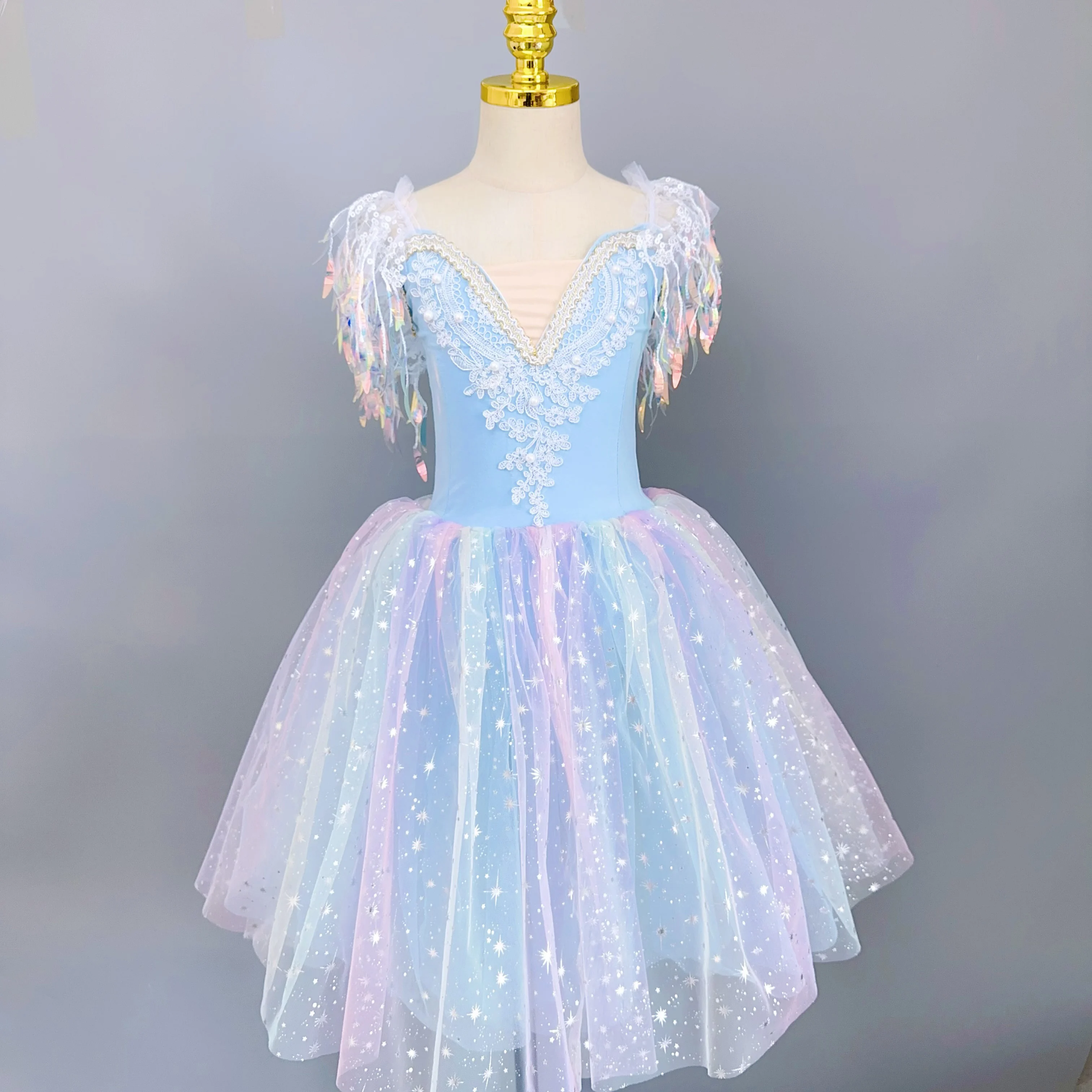 

Kids Romantic Long Ballet Dress Girls Children Sequins Tassel Modern Dance Tutu Dress Stage Wear Ballet Princess Dress