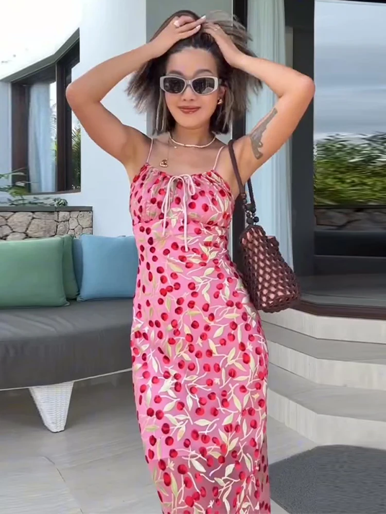 Retro Printed Camisole Long Dress Woman Lace up Waist Cinched Backless Flower Sleeveless Dresses Fashion Sexy Lady's New Dresses - Image 6