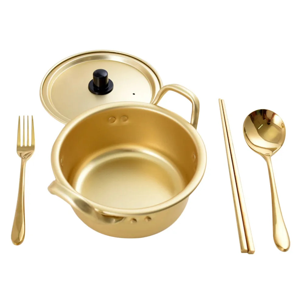 Juego de 1 Olla para Fideos Instantáneos, Olla Pequeña de Aluminio para Sopa, Doble Asa Antideslizante, para Cocinar Ramen Coreano, Utensilios de Cocina, Palillos