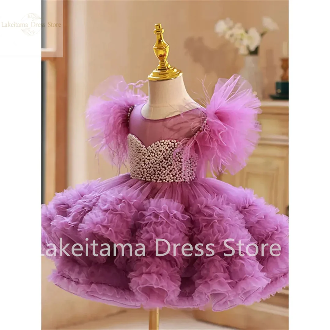 Vestido de florista em camadas com pérolas, o pescoço, tule, inchado, casamento, bebê, crianças, festa de aniversário, bola, vestidos de primeira comunhão