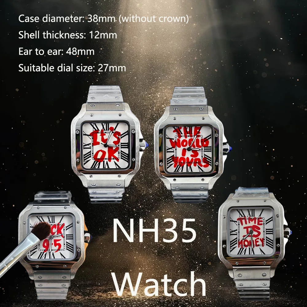 

Men's watch NH35 watch square dial 9.5 dial stainless steel folding buckle, suitable for NH35 movement watch accessories