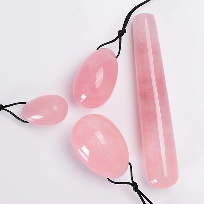 Drop Shipping Drilled Natural Rose Quartz Yoni Egg Set Women Kegel Exerciser Feminine Muscles Tightening Yoni Wand Jade Massager