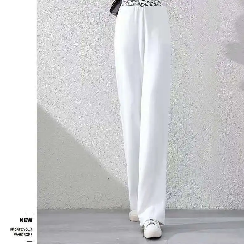 Spring Autumn Fashion Women's Solid Color Black White Wide Leg Trousers Female Casual Trendy Simple Basic Elastic Pants Clothes