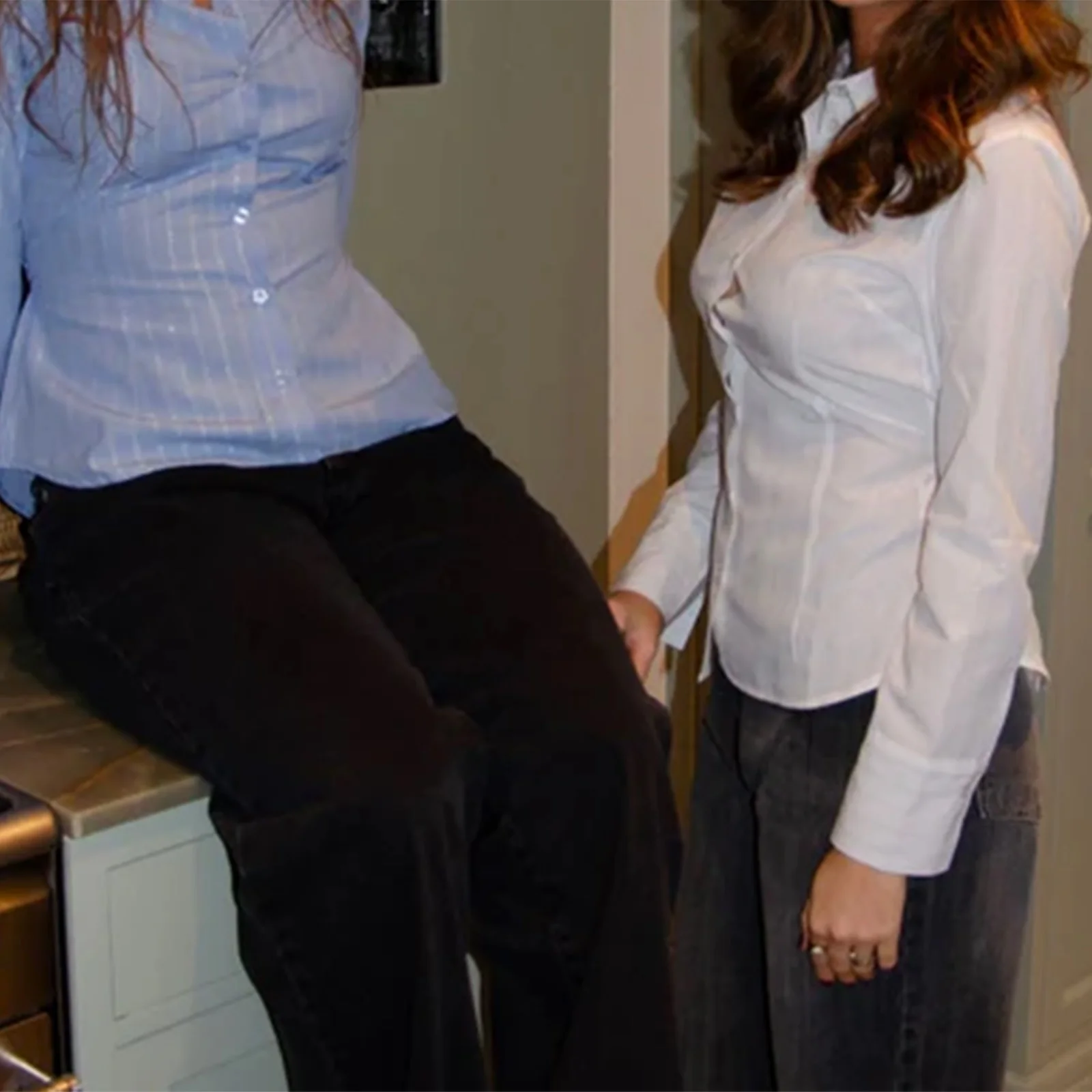 

Women Spring Autumn y2k Vintage Striped Print Crop Tops Shirts Long Sleeve Button Minimalism Aesthetic Slim Fits Blouse Tops