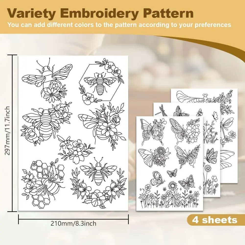 4-Sheet Butterfly Embroidery Stabilizer - Elegant Wing Designs on Water-Soluble Self-Adhesive Paper for Garden-Themed Crafts