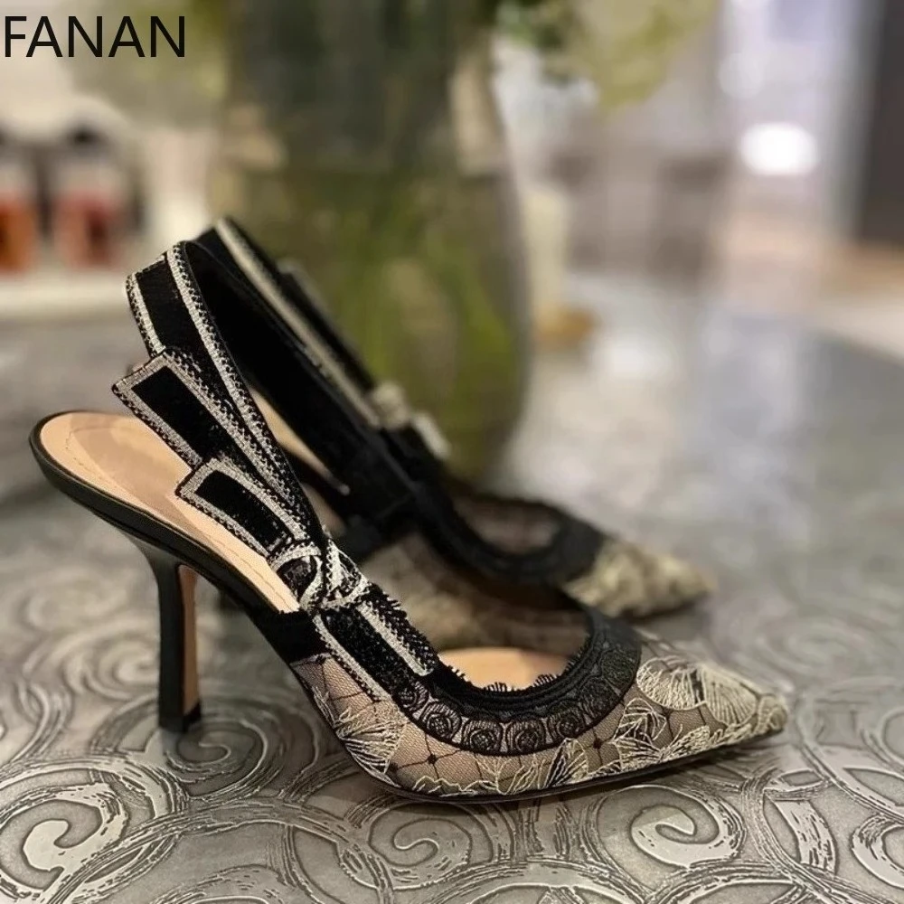 Genuine Leather High Heel Sandals Fabric Embroidery White Sandals Women 2025 Sexy Wedding Shoes Party Single Shoes