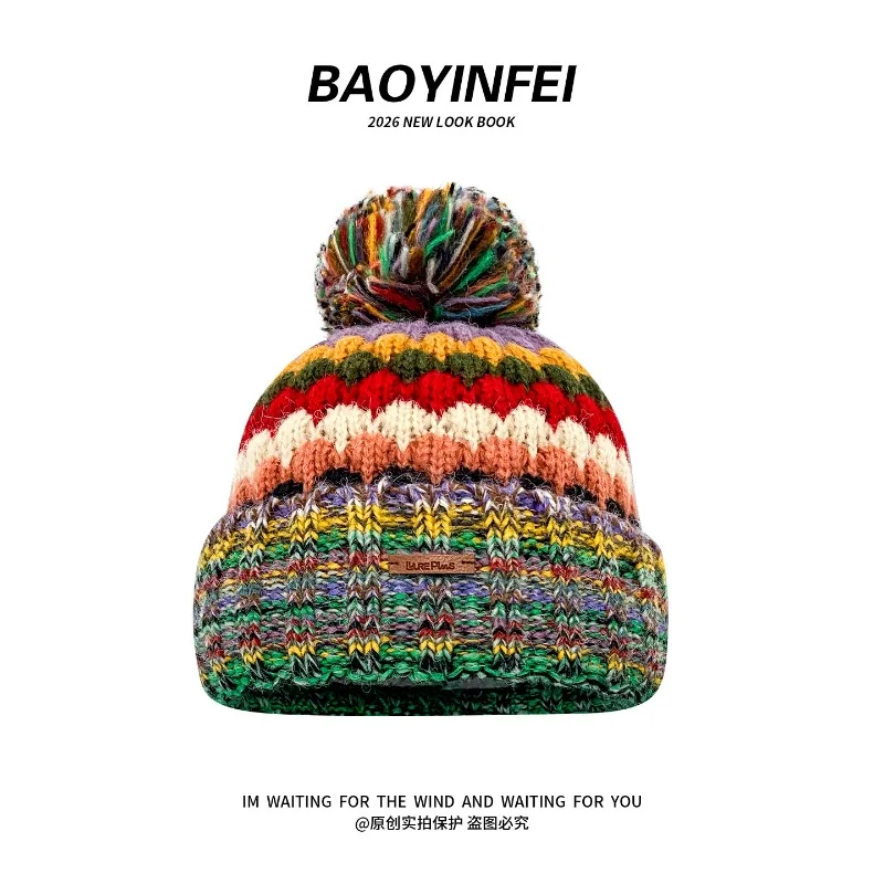 Nischenfarbener Pelzball, gemischtes Farbmuster, Strickmütze für Damen, Winter, für große Köpfe, warm, mit Ohrenschutz, Skull-Beanie-Mütze – Detail 4