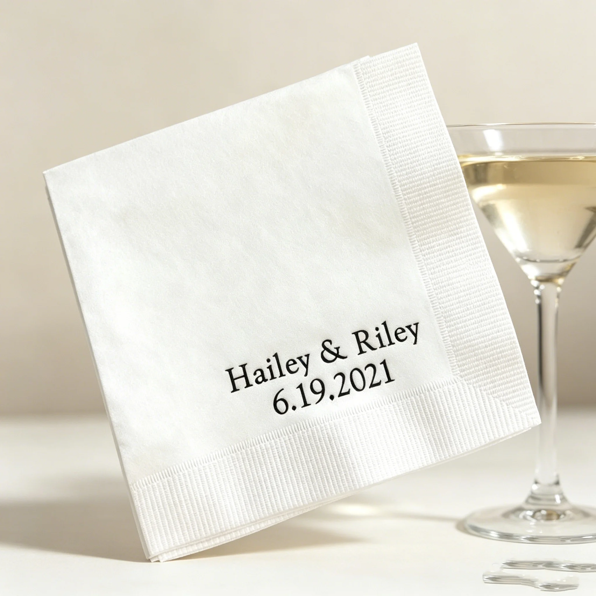 

50pcs Custom Black Print Wedding Cocktail Napkins, Personalized Couple Names & Date Disposable Beverage Napkins for Bridal Showe