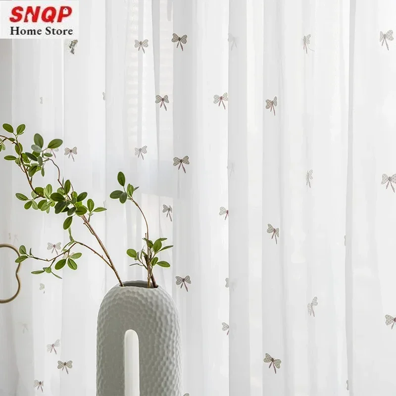 Beautiful White Tulle Pink Bow Tie Girl Sheer Curtains for Living Room Bedroom Dining Window Screen Gauze Luxury Blackout Kids