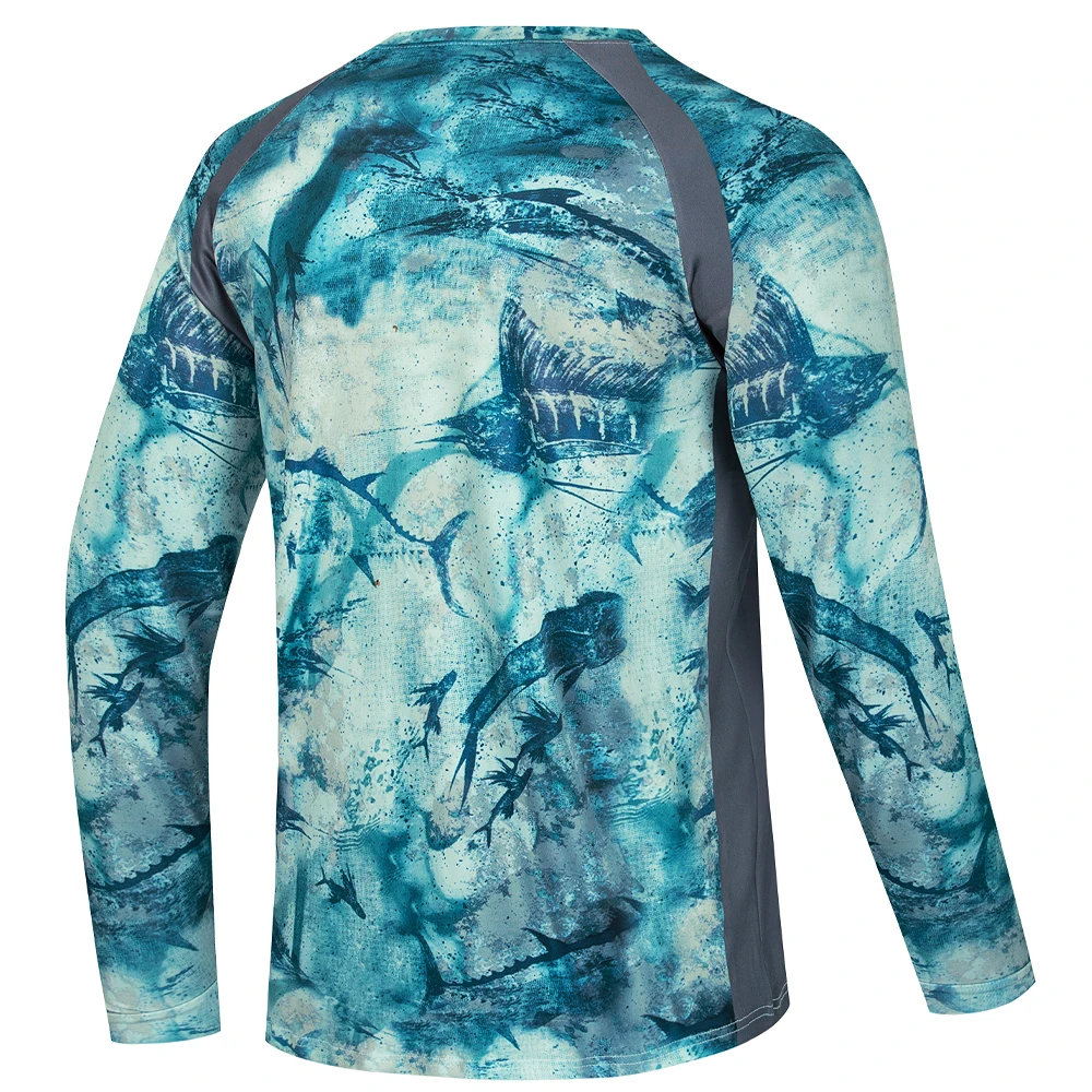 Men Marlin Fish Print Long Sleeve Fishing Shirts Raglan Grey Panel Quick Dry Surf Rash Guard Tops
