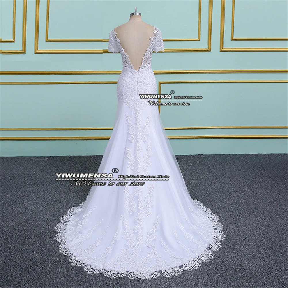 White Mermaid Wedding Dresses Short Sleeves Pearls Backless Women Marriage Bridal Gowns Plus Size Vestidos De Novias Real Photo